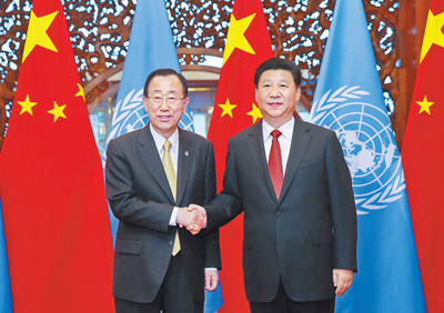 7月7日,国家主席习近平在北京钓鱼台国宾馆会见联合国秘书长潘基文。新华社记者 鞠 鹏摄 7月7日,国家主席习近平在北京钓鱼台国宾馆会见联合国秘书长潘基文。新华社记者 鞠 鹏摄